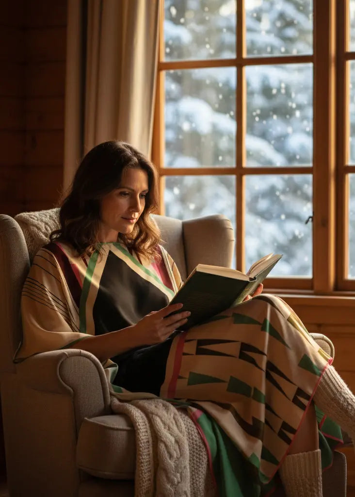 Woman in vicharan olive green caftan at home reading book