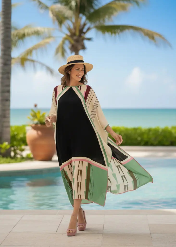Woman in Vicharan OLIVE Green caftan standing by a pool with palm trees and ocean view