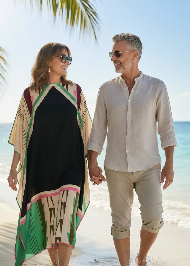 woman in Vicharan OLIVE Green caftan  walking on a beach with his partner with palm trees and ocean in the background