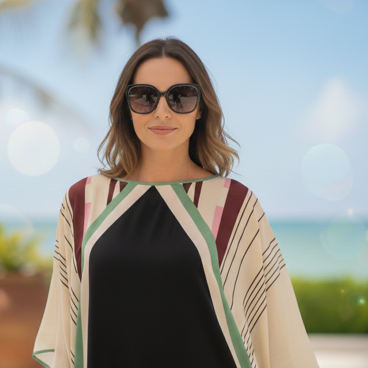 Woman wearing a Vicharan OLIVE Green caftan with a patterned cover-up by a poolside.