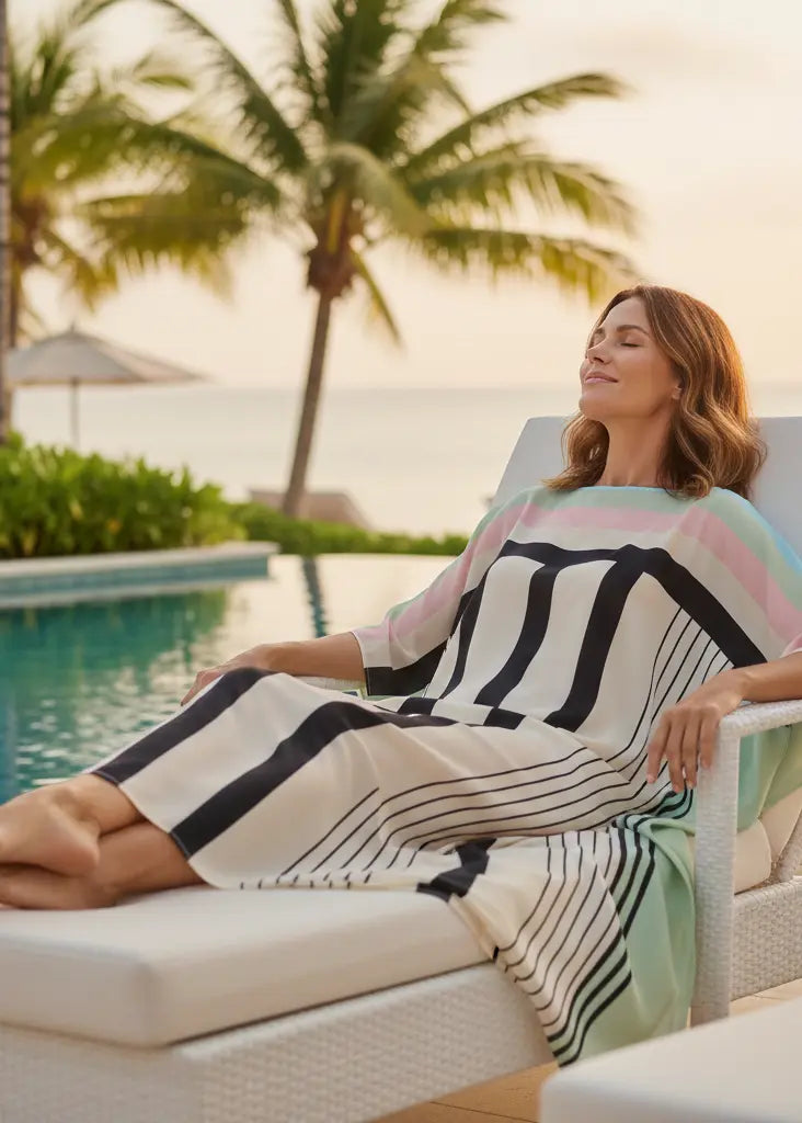 Woman in Vicharan PASTEL Mint caftan relaxing on a lounge chair by a pool with palm trees in the background on summer getaway
