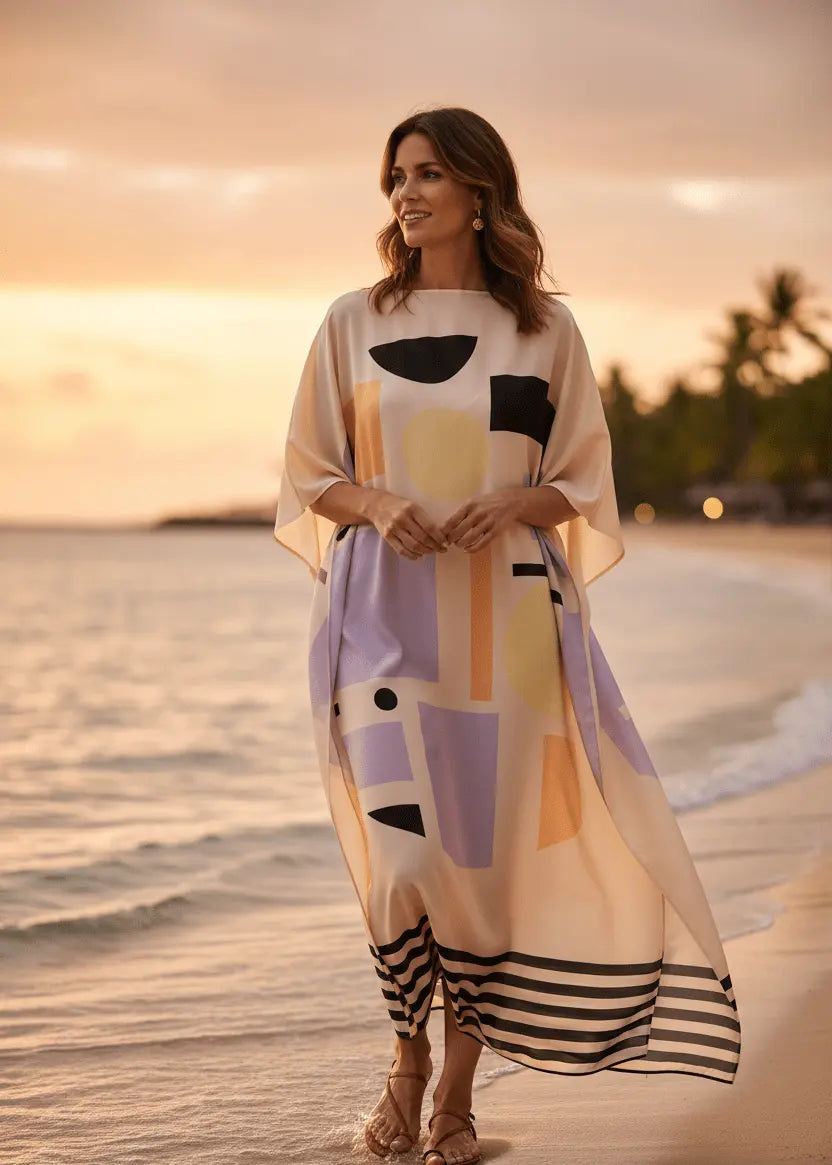 Woman in  Vicharan PEACH Pink caftan  standing on a beach at sunrise