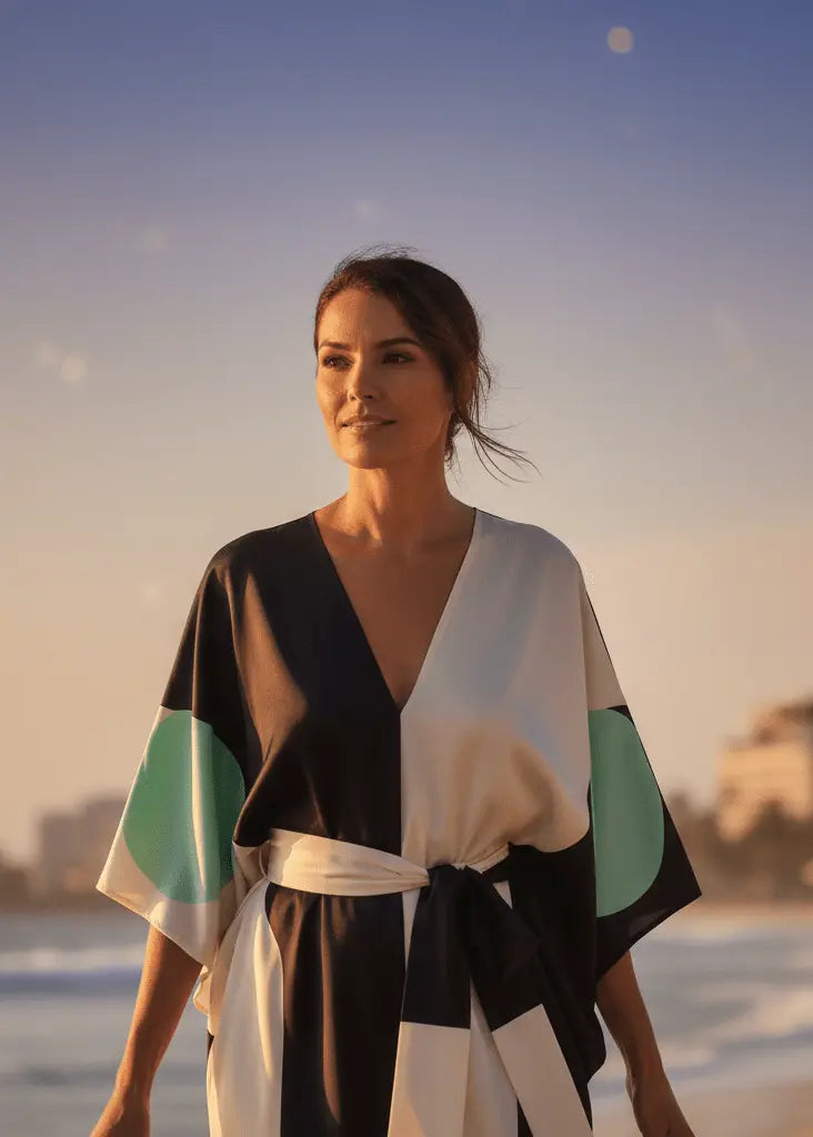 Vicharan POETIC Mint Black Kaftan in california beach during evening