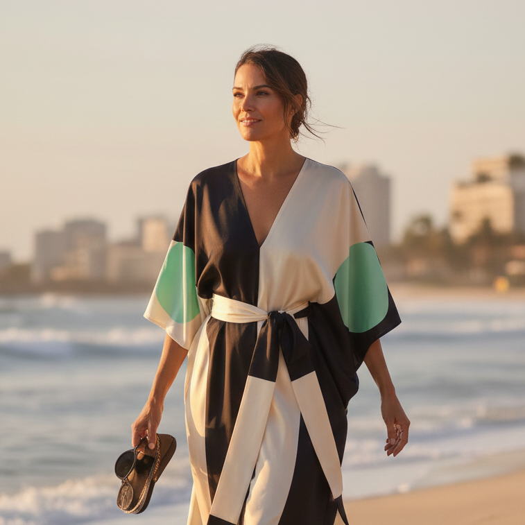 Woman in Vicharan_POETIC_Mint_Black_Kaftan walking on a beach with a city skyline in the background