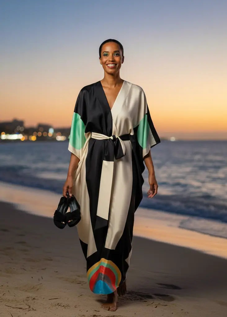 Vicharan POETIC Mint Black Kaftan with black amercian model walking on beach during dusk time