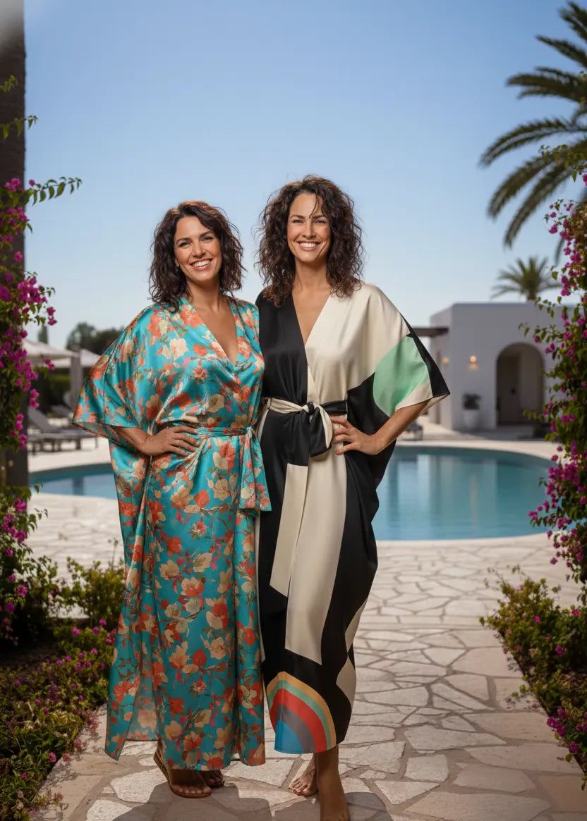 Vicharan POETIC Mint Black Kaftan model with friend on summer holidays
