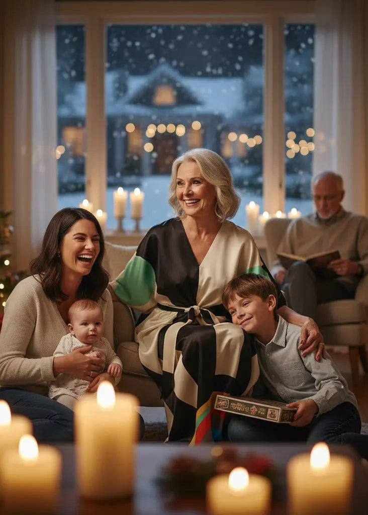 Vicharan POETIC Mint Black Kaftan in home with family during holidays