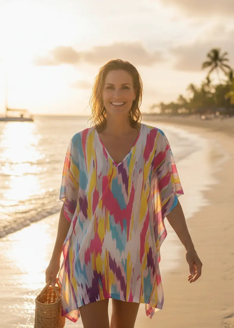 Woman wearing Vicharan PRISM Light Tunic on a beach with palm trees in the background