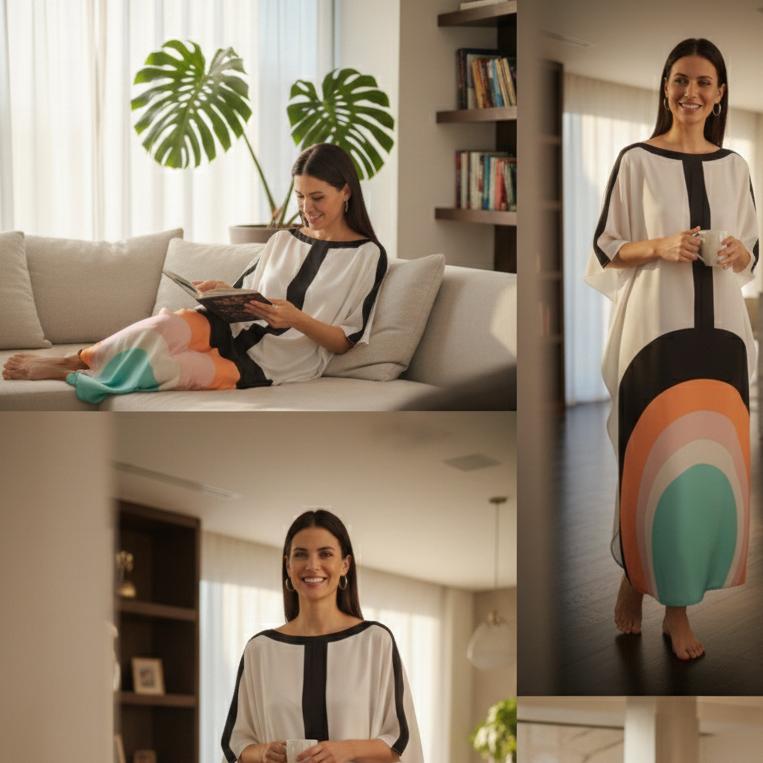 Woman in Vicharan RADIANT White  caftan standing in a modern living room and home setting.