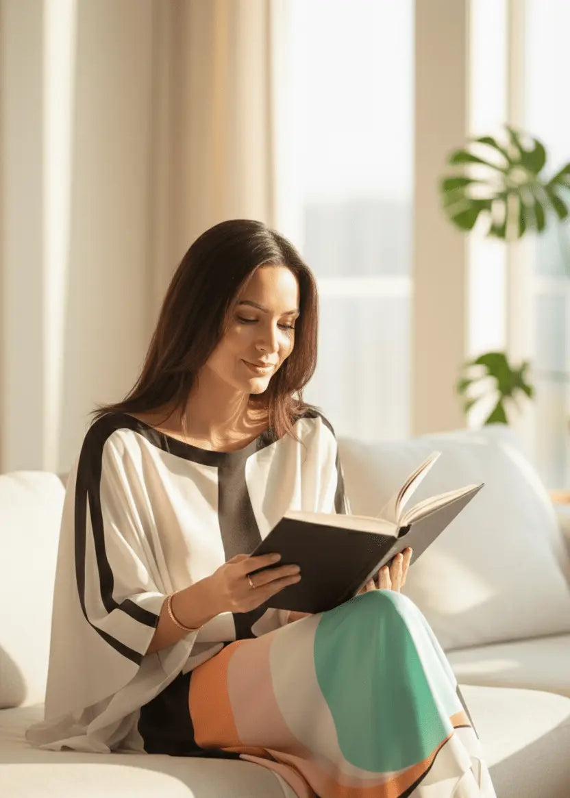 Woman in Vicharan RADIANT White  caftan at home reading book reading a book on a white couch in a bright room with curtains and plants.