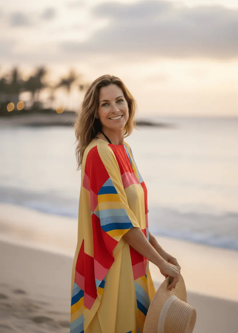 Woman in a Vicharan SUMMER Blossom Yellow caftan standing on a beach at sunset.