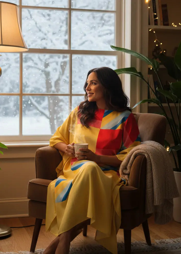 Woman in a Vicharan SUMMER Blossom Yellow caftan sitting in a cozy room at home with a snowy view outside the window.