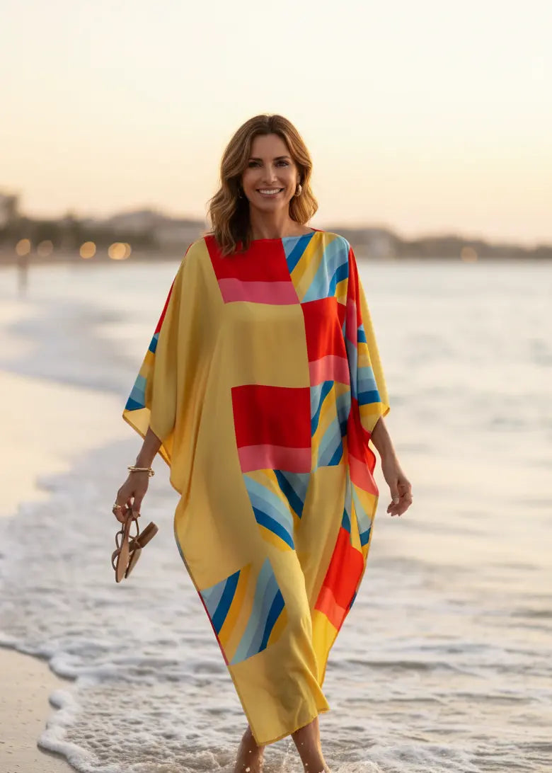 Woman wearing Vicharan SUMMER Blossom Yellow caftan  walking on a beach at sunset