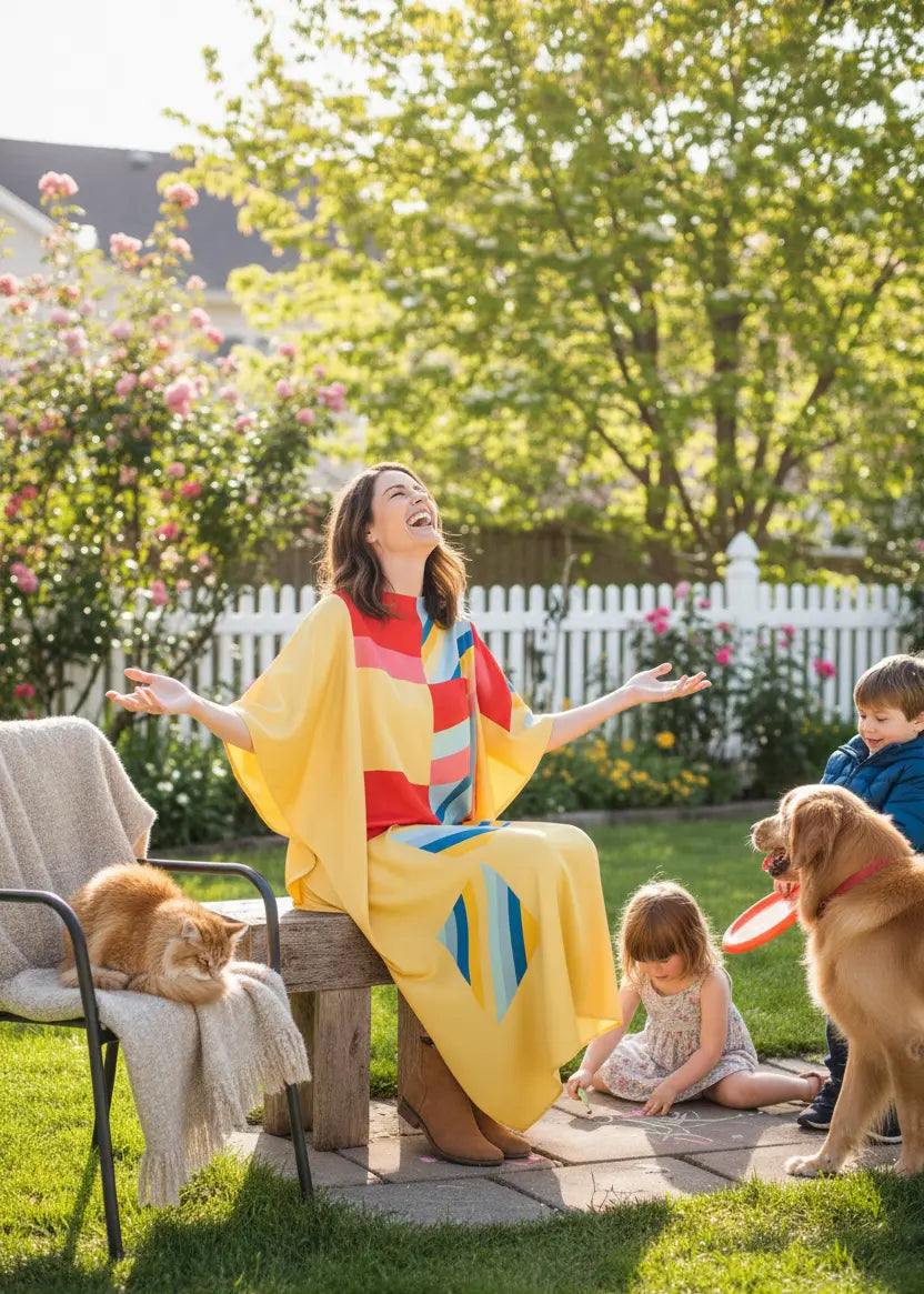 Woman Vicharan SUMMER Blossom Yellow caftan sitting at house backyard with children and dogs in a garden.