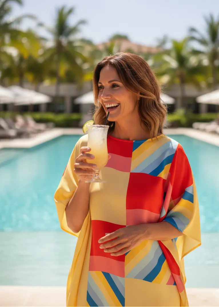 Woman in Vicharan SUMMER Blossom Yellow caftan holding a drink by a pool with palm trees in the background