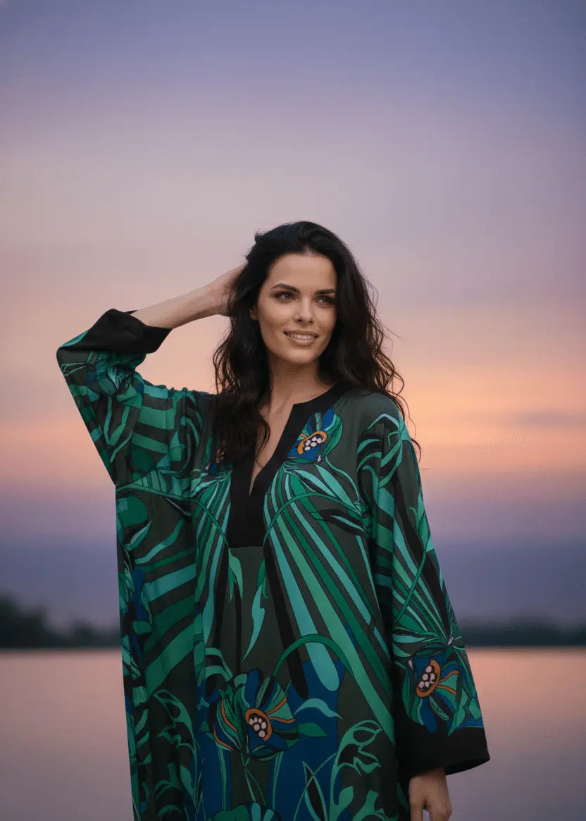 Woman wearing Vicharan TROPICAL Green & Blue caftan against a sunset sky.