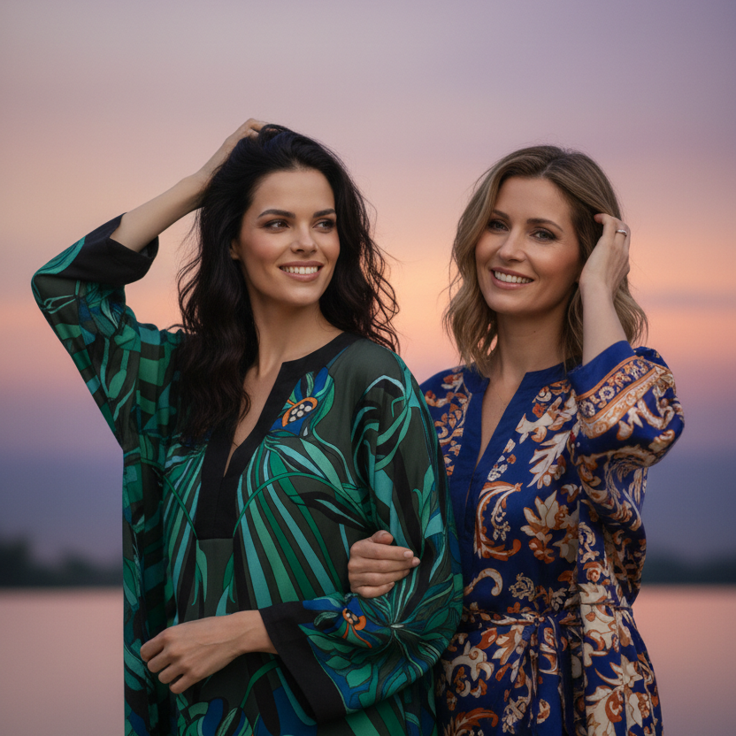 Two women wearing vicharan caftans standing against a sunset sky.