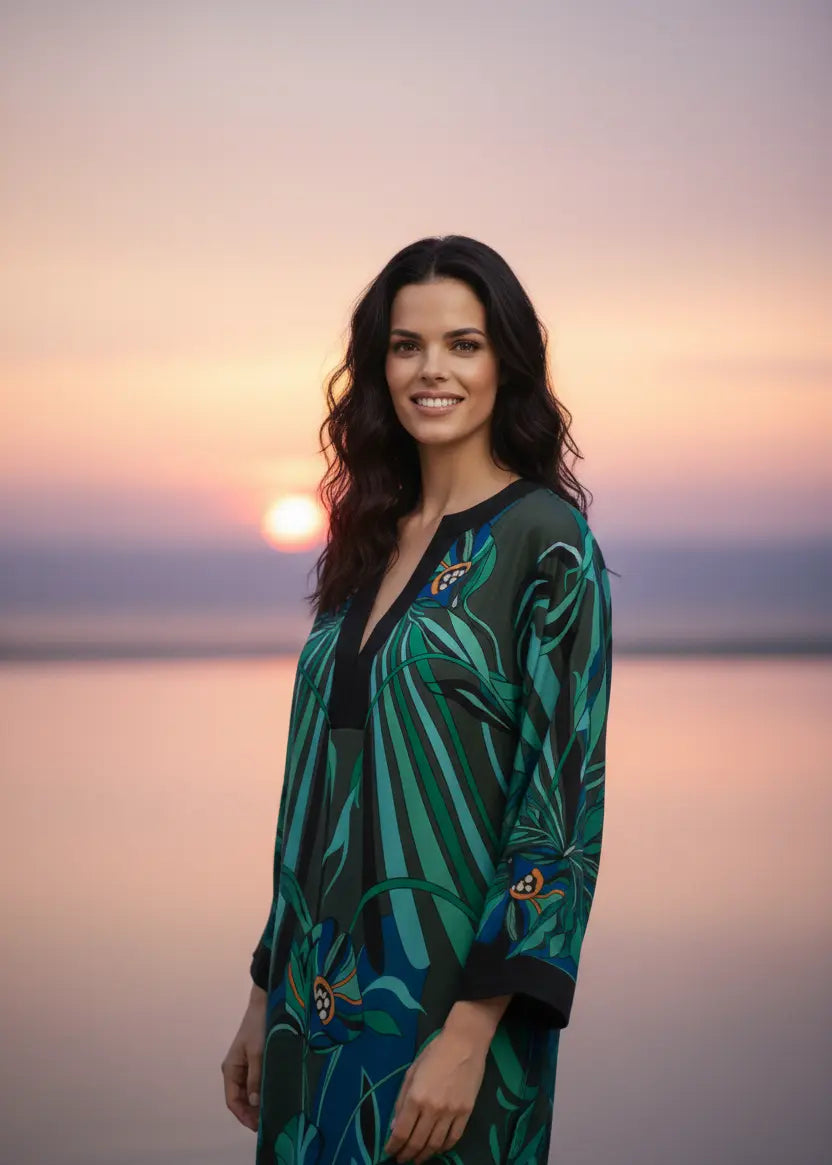 Woman in Vicharan TROPICAL Green & Blue caftan standing against a sunset sky near seashore.