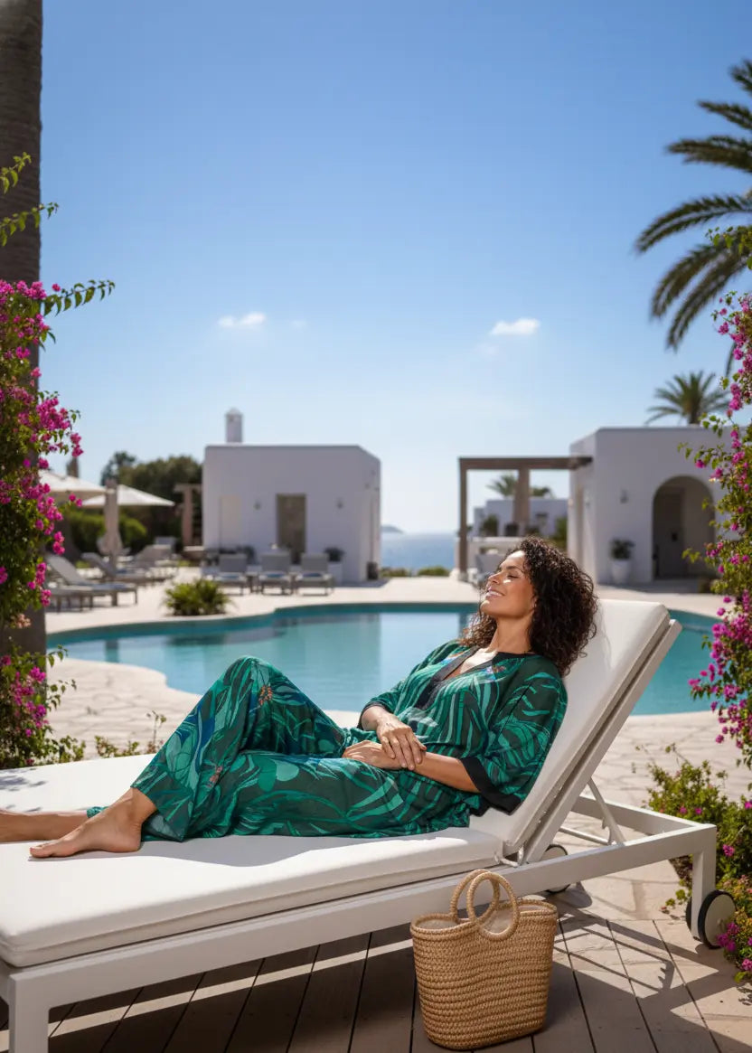 Woman in Vicharan TROPICAL Green & Blue caftan lying on a white lounge chair by a pool with a scenic background on summer holidays.