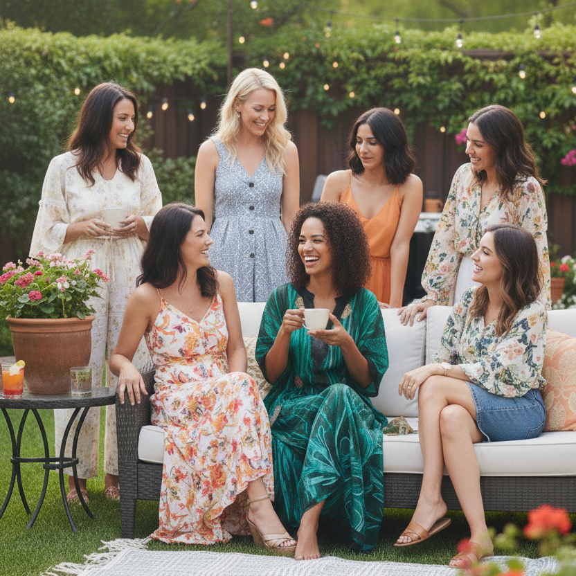 Woman in Vicharan TROPICAL Green & Blue caftan with her friends  sitting on a couch in a garden setting for summer get together