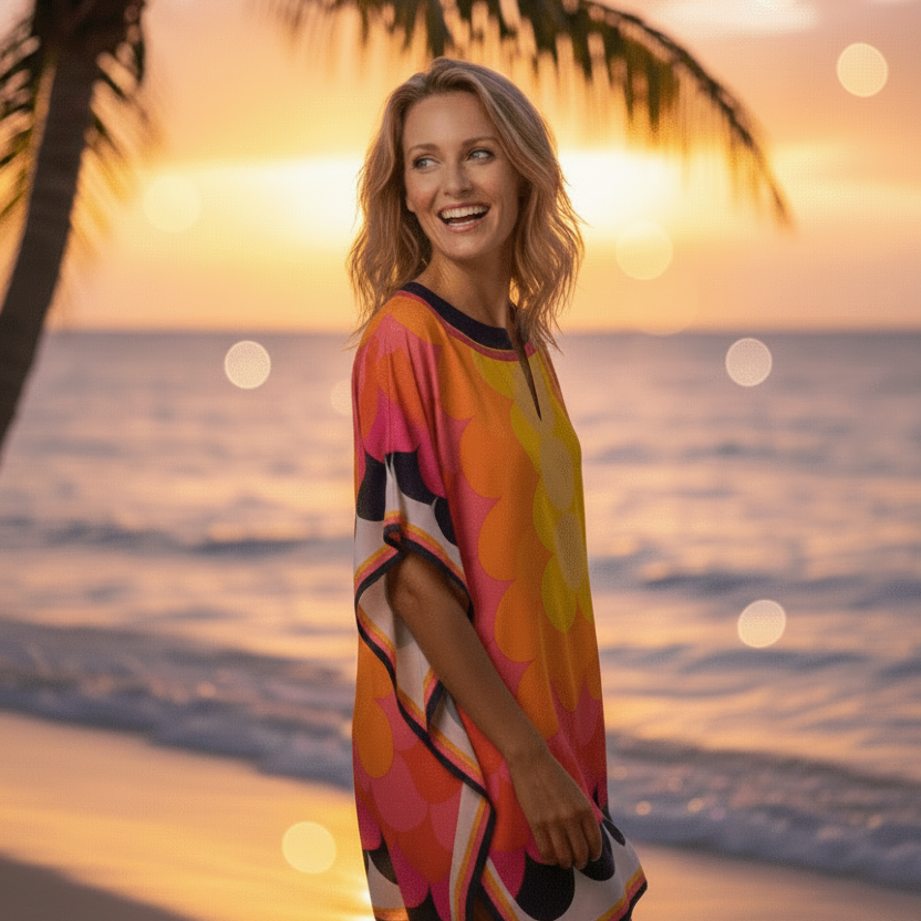 Vicharan TROPICAL Mango Tunic at resort near ocean during evening dusk