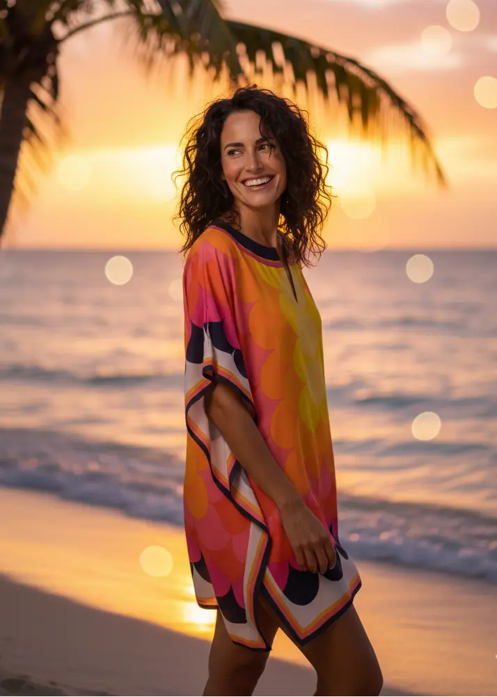 Woman Vicharan TROPICAL Mango Petal Tunic in a colorful dress standing on a beach at sunset with palm trees.