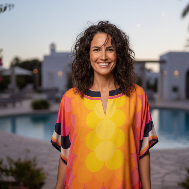 Vicharan TROPICAL Mango Petal Tunic close up near pool with scenic background of greece holiday retreat