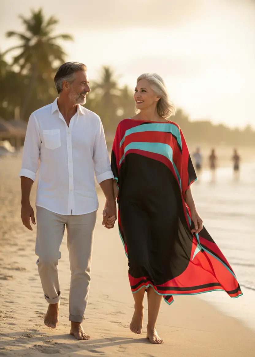  woman in Vicharan VALENTINE Red & Black caftan walking on a beach with her husband palm trees in the background