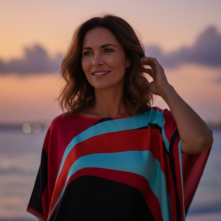 Woman in a Vicharan VALENTINE Red & Black caftan against a colorful sunset sky near resort ocean