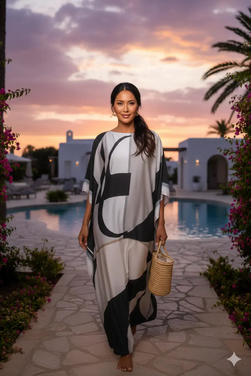 mexican Woman in vicharan lunar grey kaftan standing on a beach at sunset.