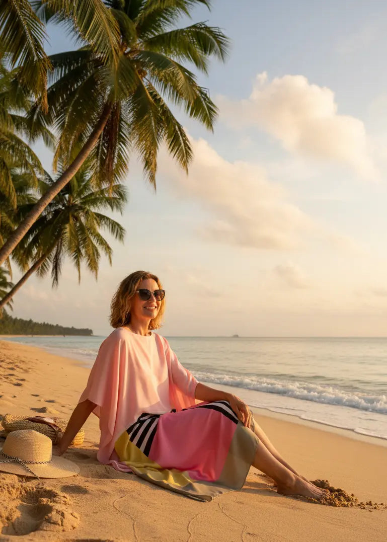 Woman in vicharan Aura Paisley Print Satin Silk caftan sitting on a beach with palm trees and ocean view, wearing sunglasses