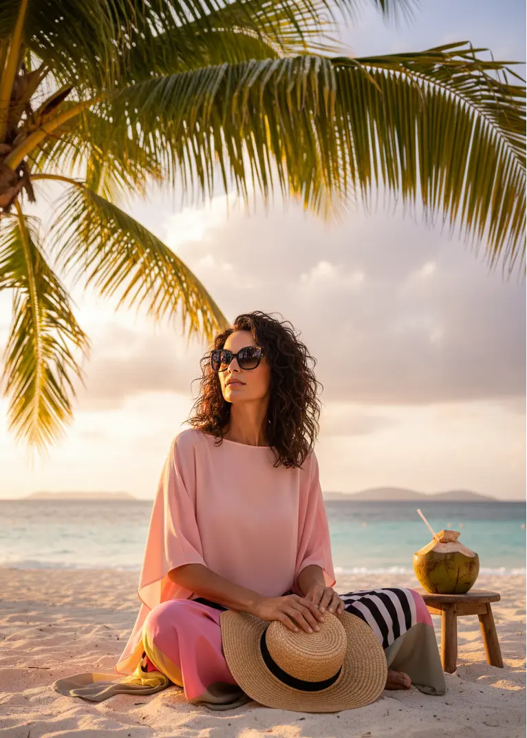 Woman sitting on a beach with palm trees and ocean view, wearing sunglasses and vicharan Aura Paisley Print Satin Silk caftan