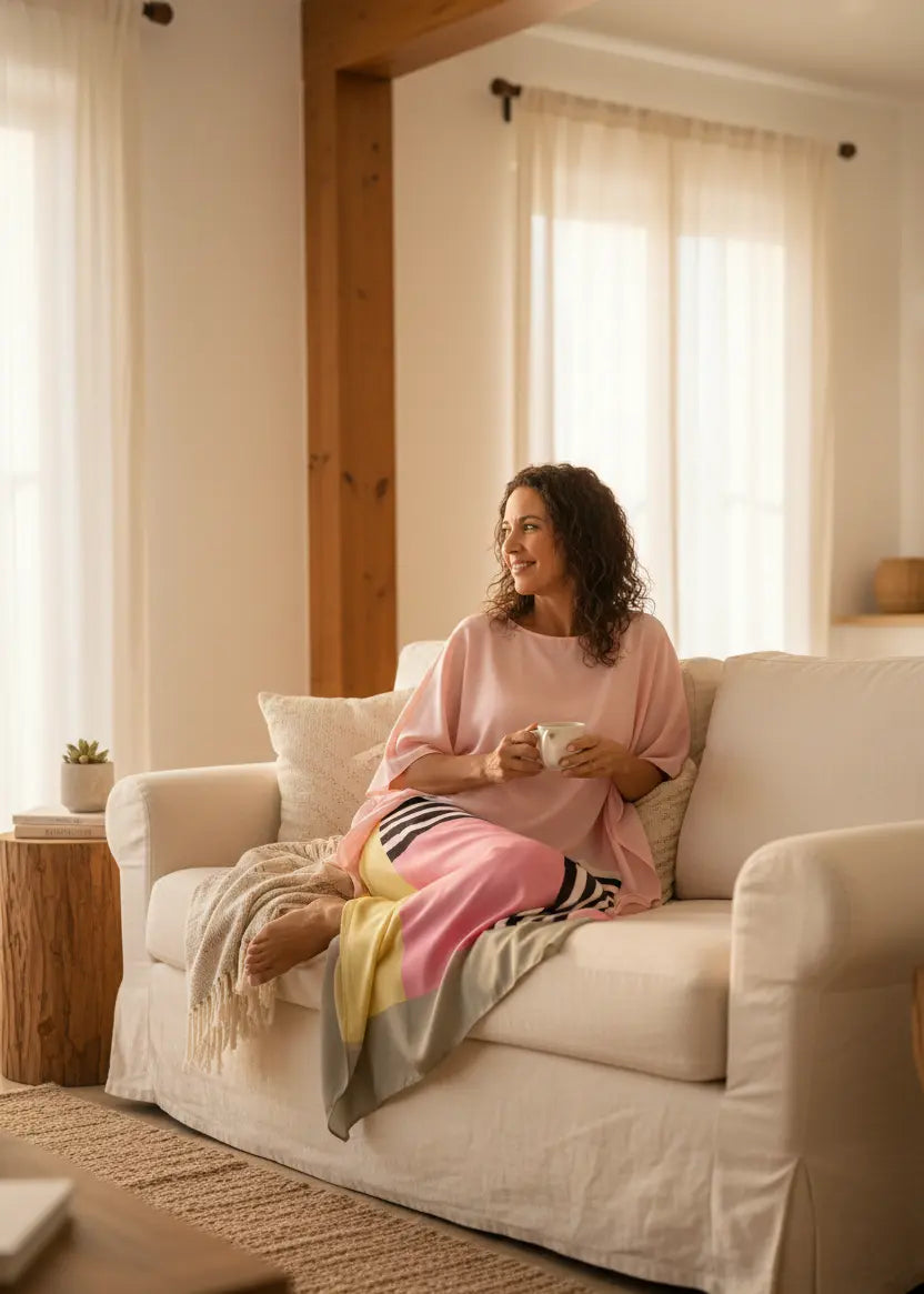 Woman  in vicharan Aura Paisley Print Satin Silk caftan at home reading book