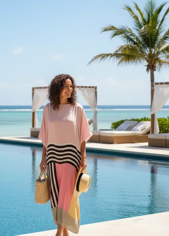 Woman in vichran Aura Paisley Print Satin Silk caftan standing by a pool with ocean and palm trees in the background on summer holidays with friends