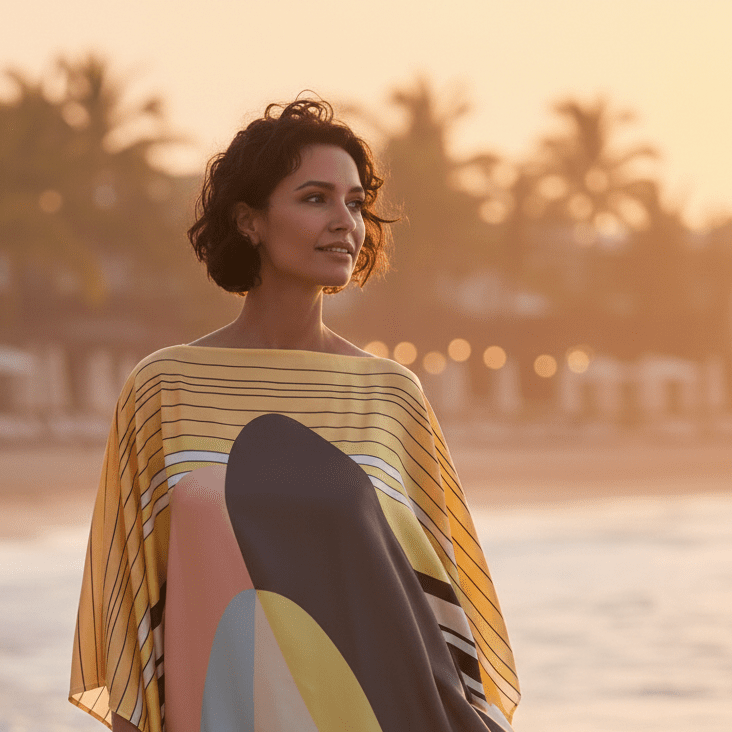 Woman wearing vicharan holizon yellow caftan on a beach at sunset ON HOLIDAYS