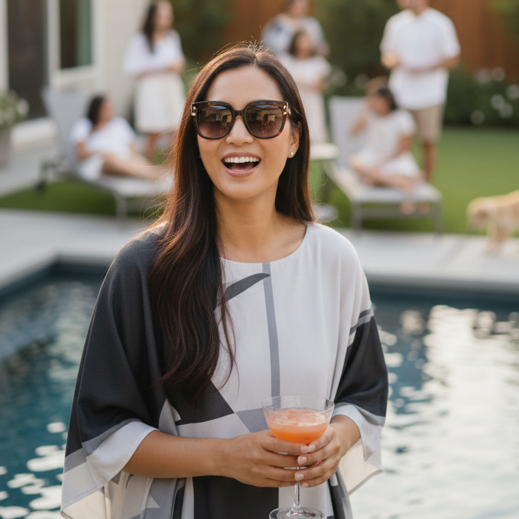 Woman in vicharan lunar grey caftan holding a drink by a pool with people at home in backyard