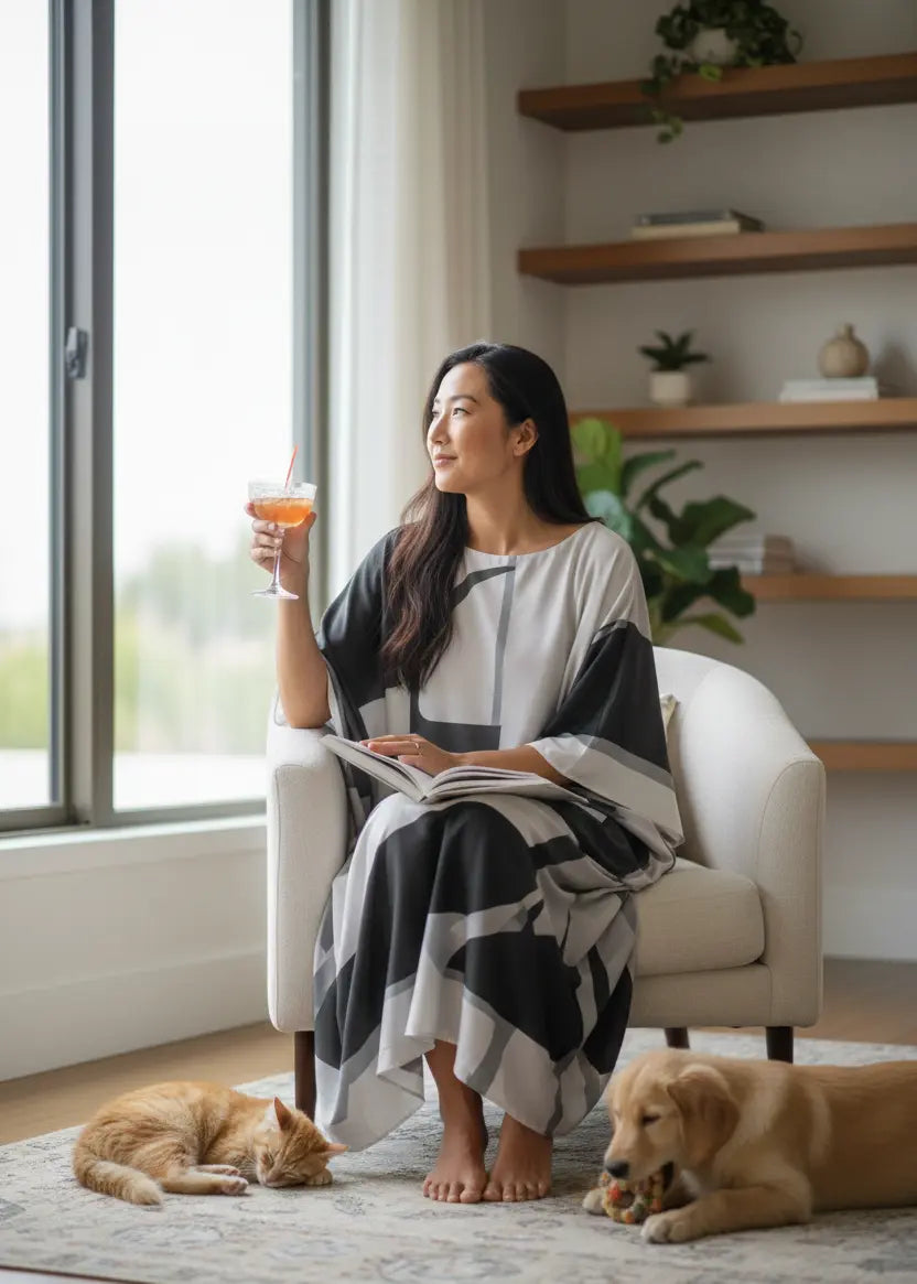 Woman in vicharan lunar grey kaftan sitting on a chair with a drink, surrounded by a cat and dog in a cozy living room.