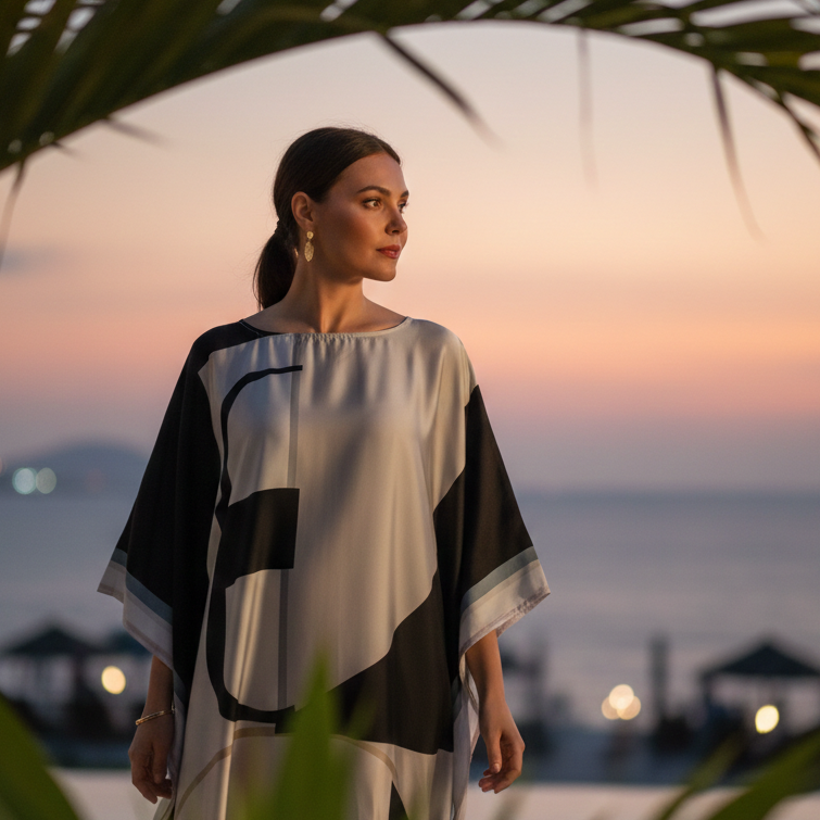 Woman in vicharan lunar grey caftan standing by a villa waterfront at sunset, with palm leaves in the foreground.